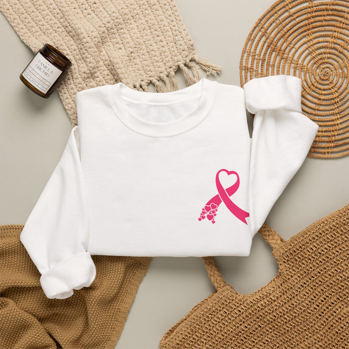 Pink Ribbon Heart Crewneck Sweatshirt – Breast Cancer Awareness Fundraiser | Left Chest Ribbon Design