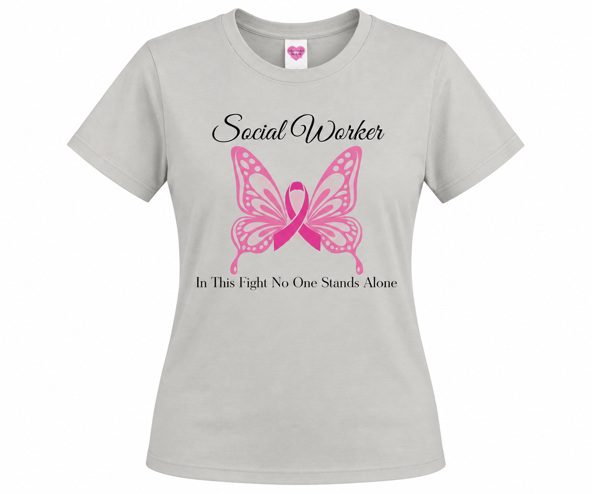 Social Worker Butterfly Breast Cancer Awareness Tee | "In This Fight, No One Stands Alone" Shirt