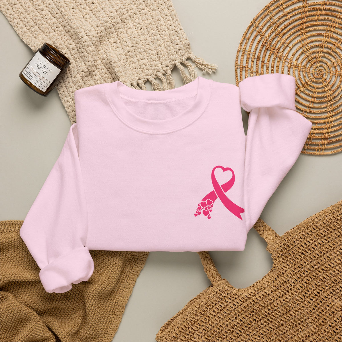 Pink Ribbon Heart Crewneck Sweatshirt – Breast Cancer Awareness Fundraiser | Left Chest Ribbon Design