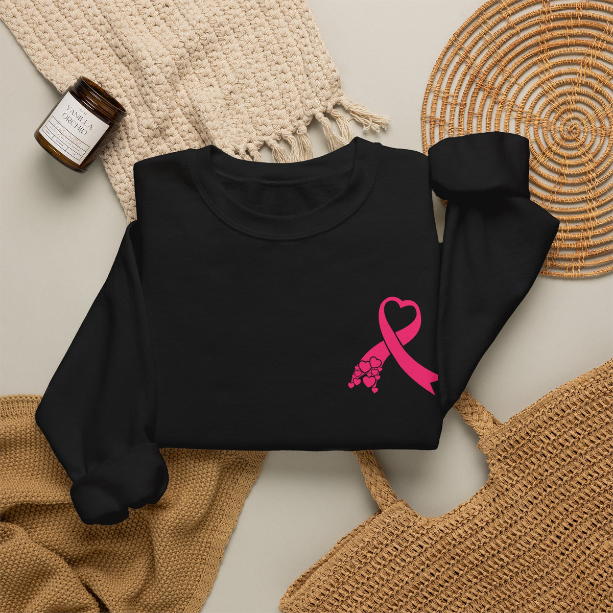 Pink Ribbon Heart Crewneck Sweatshirt – Breast Cancer Awareness Fundraiser | Left Chest Ribbon Design
