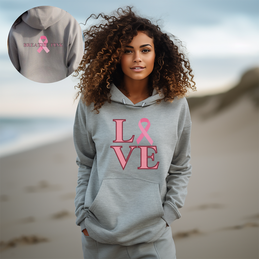 Breathe Pink LOVE Breast Cancer Awareness Hooded Sweatshirt