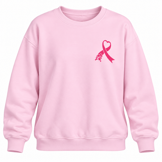 Pink Ribbon Heart Crewneck Sweatshirt – Breast Cancer Awareness Fundraiser | Left Chest Ribbon Design