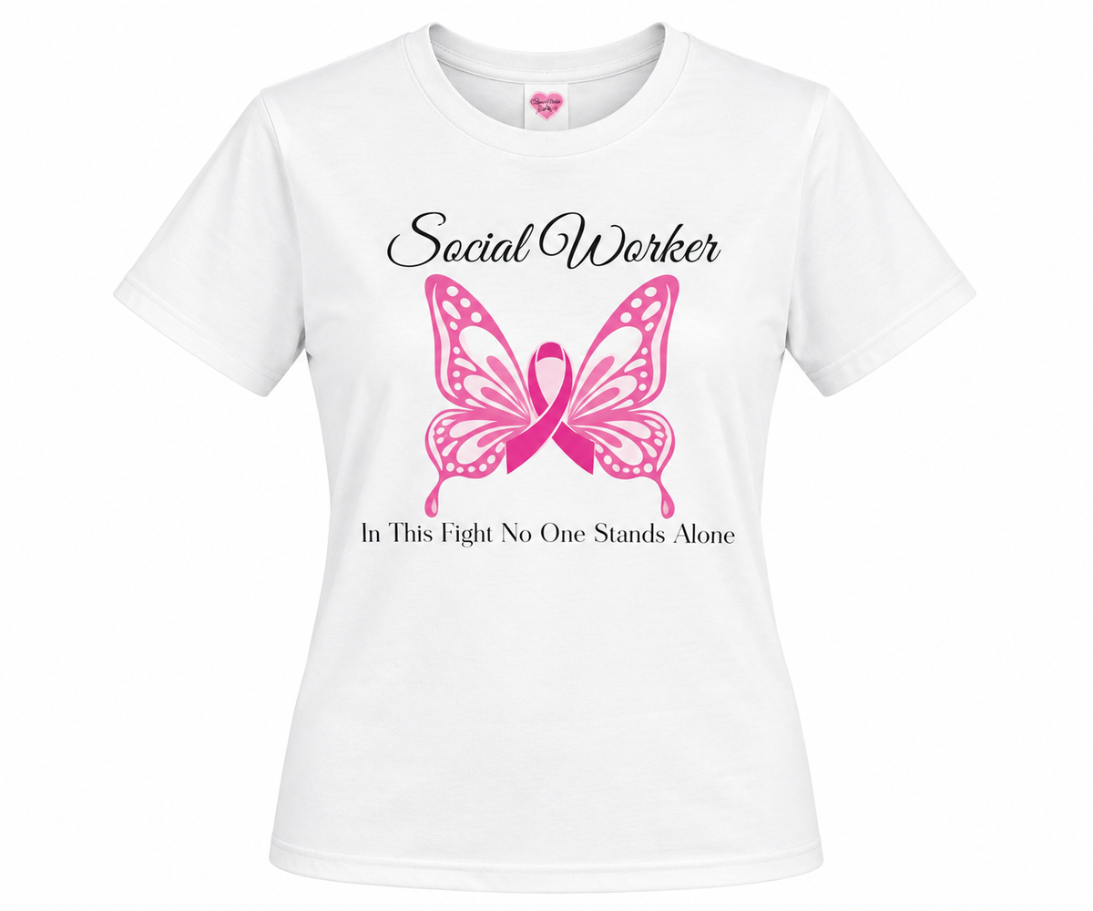 Social Worker Butterfly Breast Cancer Awareness Tee | "In This Fight, No One Stands Alone" Shirt